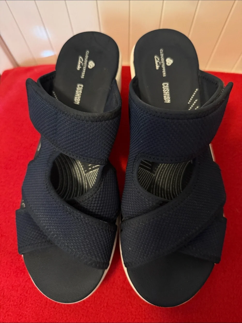 Clarks Navy Blue Wedge Slide Sandals - Women's